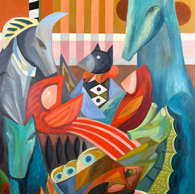 This artwork is a colorful, abstract composition featuring a variety of animal-like figures with elongated and stylized forms. The central focus includes horse-like heads with exaggerated snouts and large, expressive eyes, depicted in shades of blue and gray. Bright, bold shapes resembling birds with sharp beaks and large, rounded eyes are interspersed among the animals, rendered in red, pink, and orange tones.