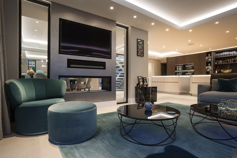 Wide angle view of a modern living room with bespoke furniture and custom lighting