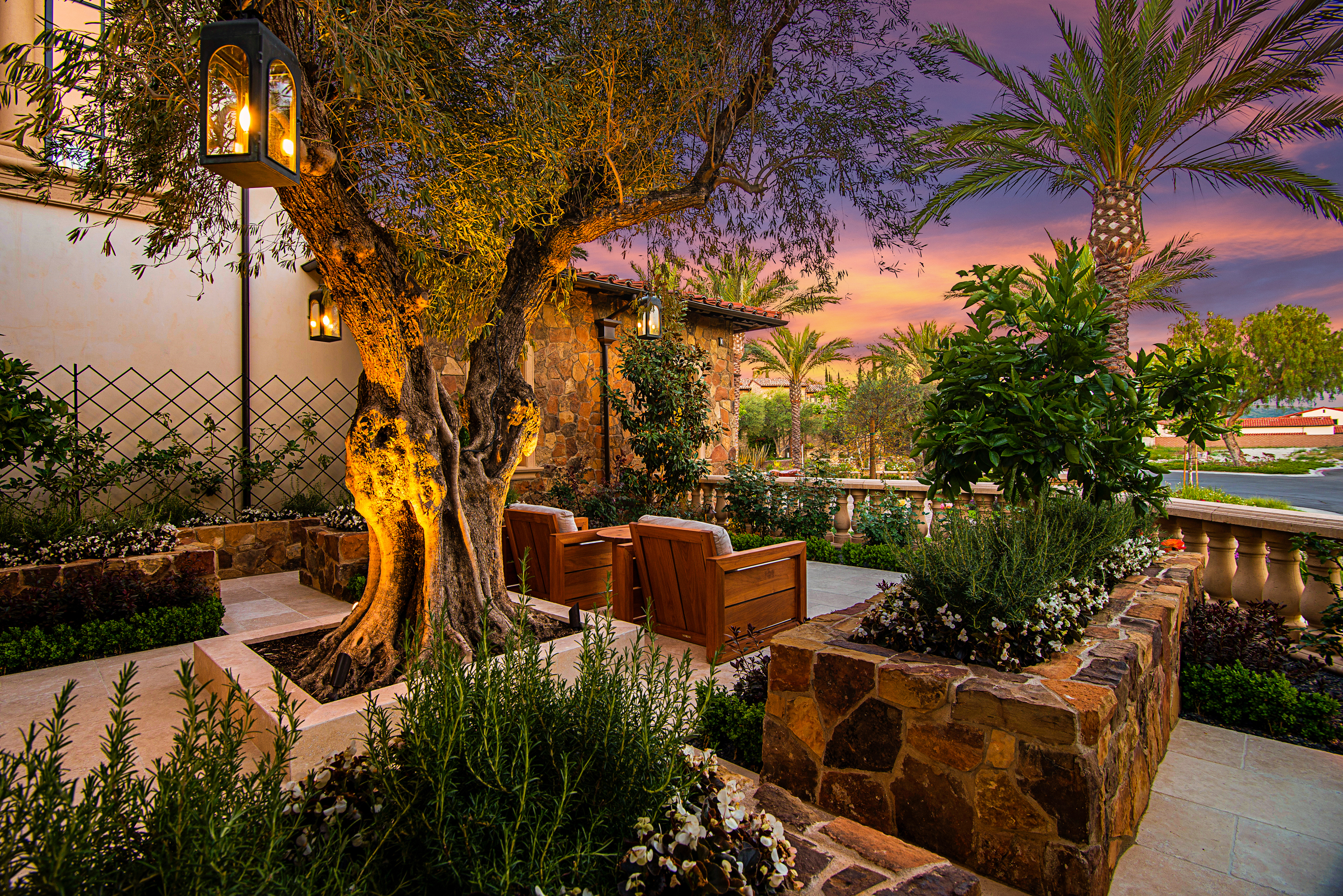 Softscape and hardscape — mature planting, stonework and outdoor seating