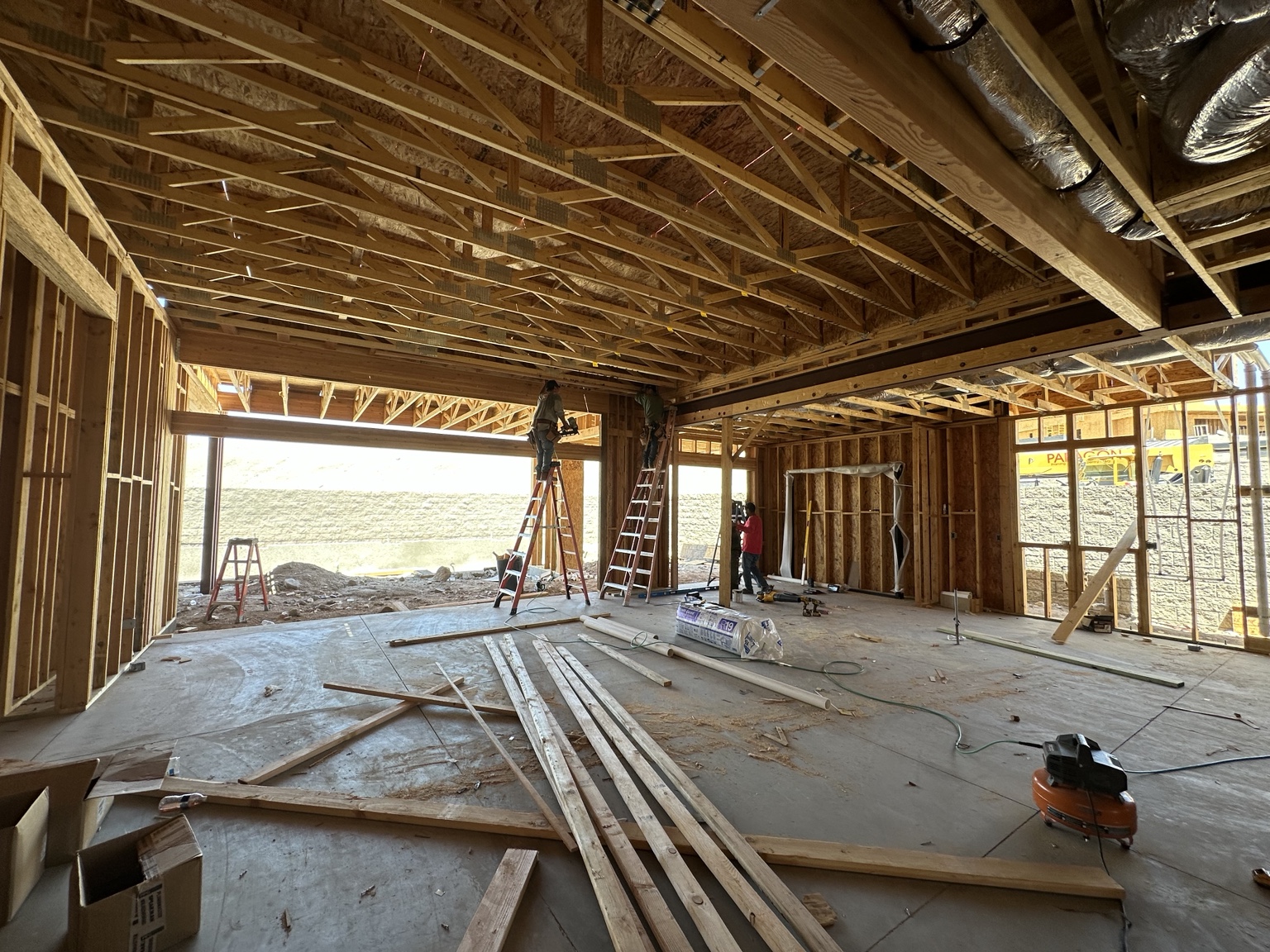 Interior wall framing and roof truss assembly