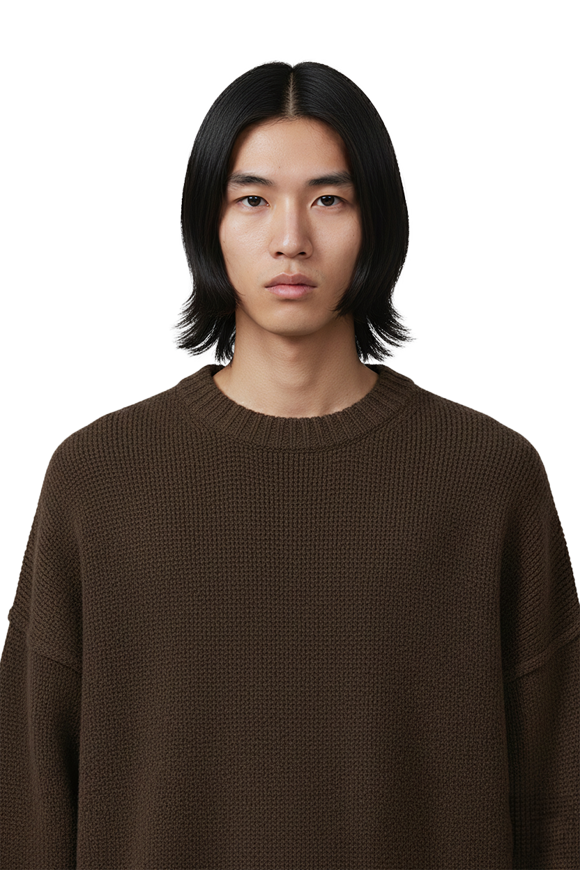 Young Asian man wearing brown sweater looking directly at the camera.