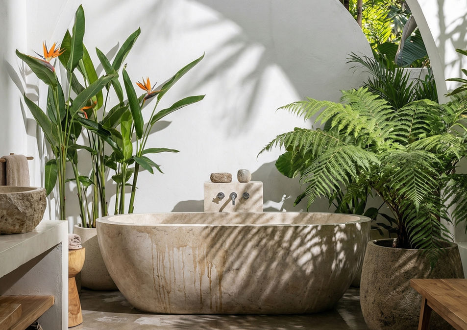 Stone bathtub in tropical outdoor bathroom with archways