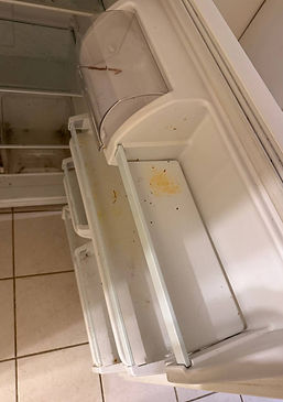 Refrigerator door with food stains and dirt before cleaning
