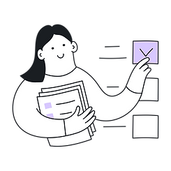 Illustration of a woman sorting through and organizing papers, symbolizing a faster booking or hiring process.