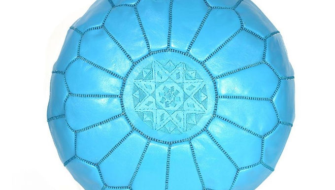 A traditional Moroccan blue Pouf made of natural leather