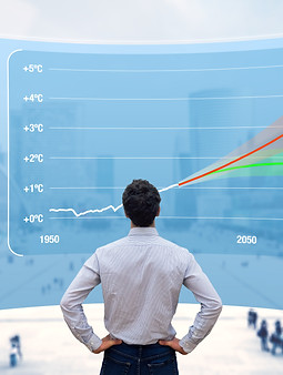 Global warming and climate change with chart of global surface temperature projections dep