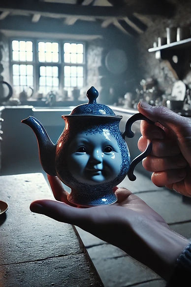 A surreal blue teapot with a face, held in gentle hands—where silence becomes story and teapots carry forgotten dreams.