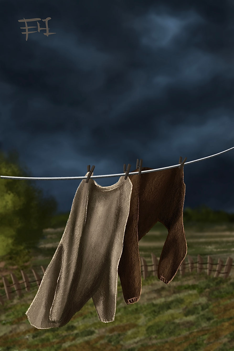 Woolen clothes hanging on a backyard clothesline sway in the autumn wind beneath a dark, moody sky.
