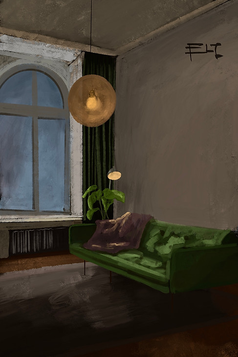 A lonely green couch in a dim therapist’s room, under the fading sky — silence, memory, and a shadow of absence.