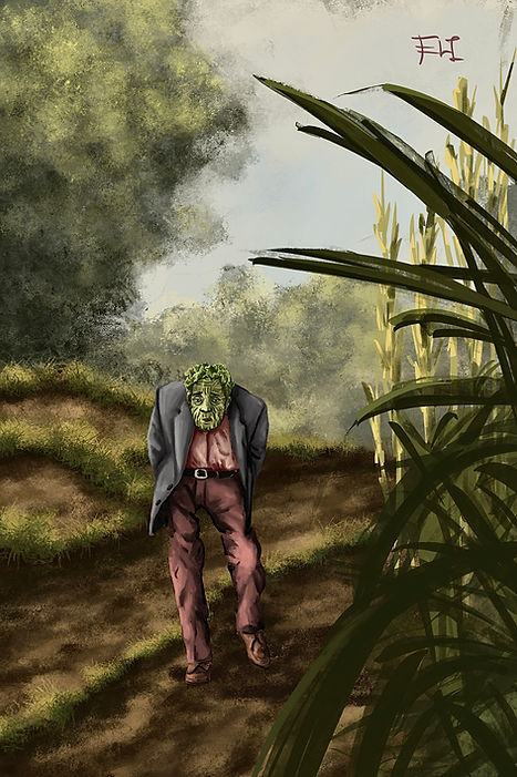 An elderly lettuce walks alone through the rain-soaked garden while speaking of madness, power, and forgotten truths. Detective Scallion watches as the old figure recites a haunting poem about a bird dreaming of flight beyond its cage.