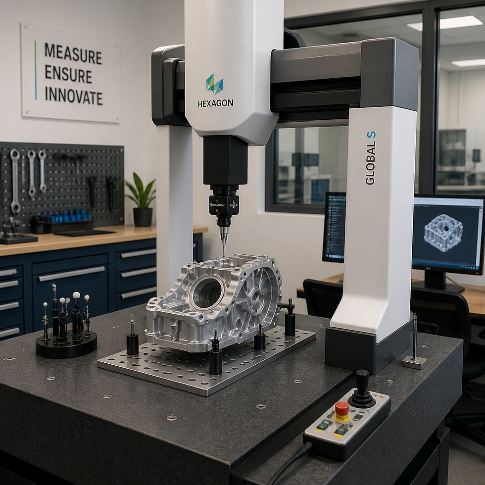 CMM inspection setup measuring a precision machined component