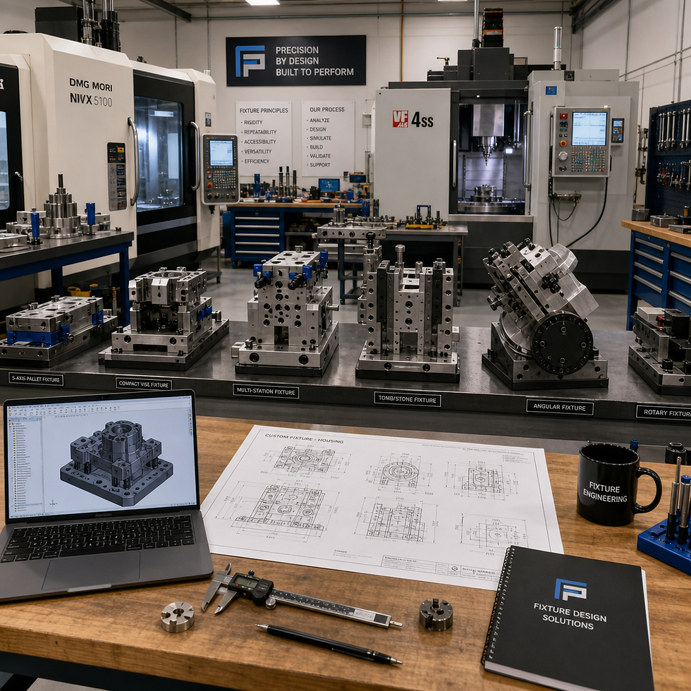 Modern precision machining facility with multiple custom fixtures and organized tooling setup