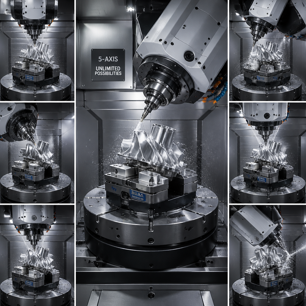 5-axis CNC milling machine with spindle head at multiple working angles
