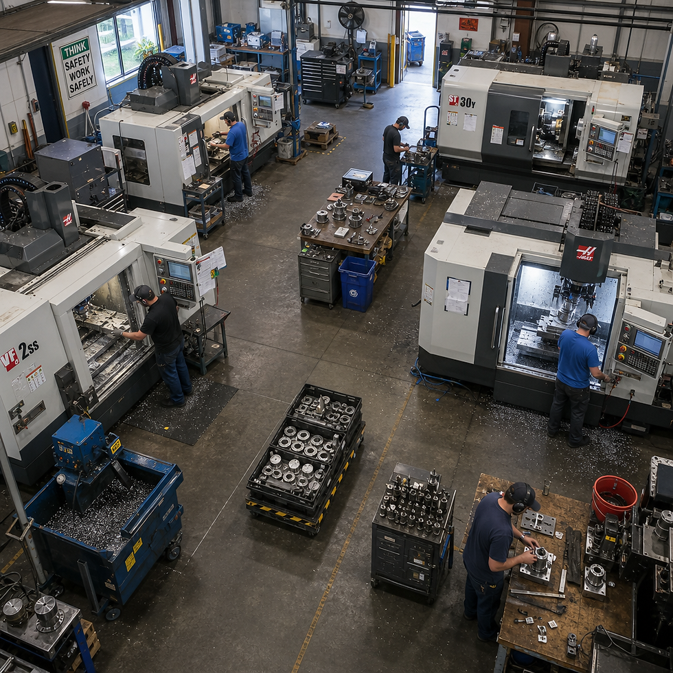 Manufacturing workshop with multiple CNC machines and workers in operation