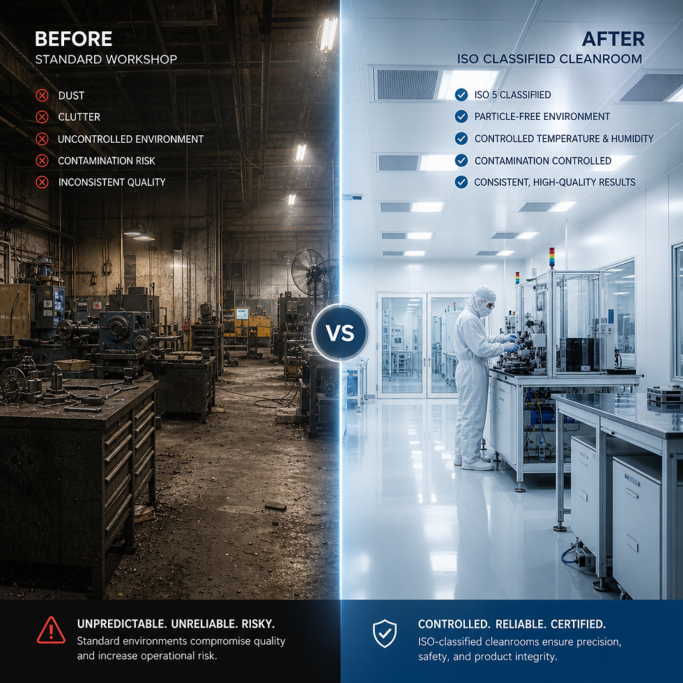 Comparison of a standard factory floor versus a controlled cleanroom environment highlighting contamination differences