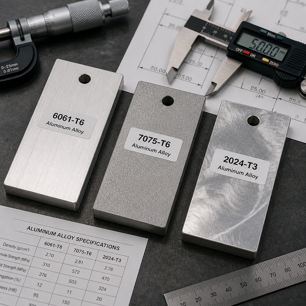 Three aluminum alloy samples with measurement tools on engineering workbench