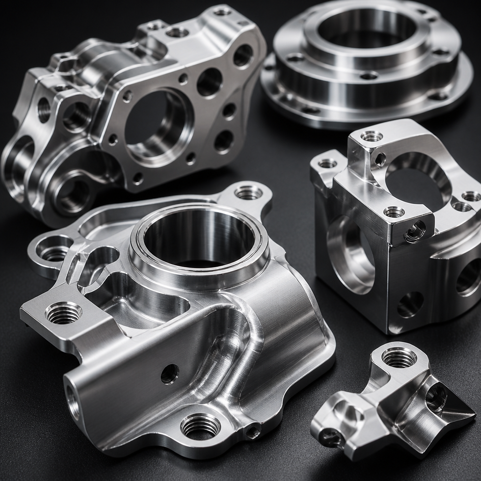 Precision machined metal components with complex curves and angled surfaces