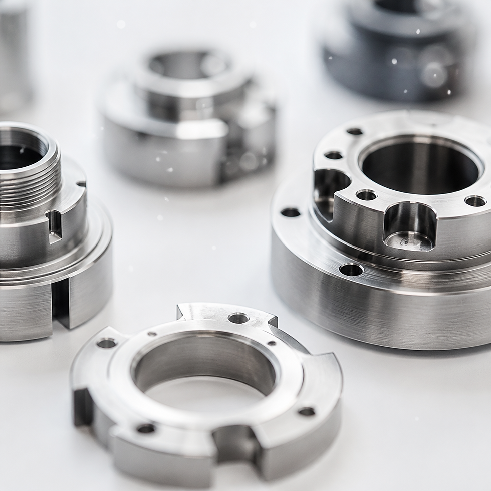 Macro view of precision machined parts with emphasis on fine surface details and contamination control