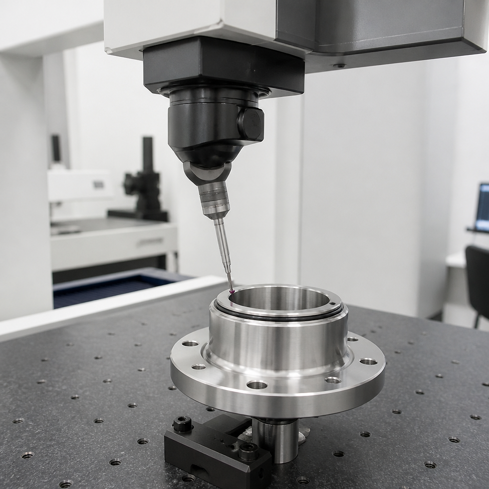 Coordinate measuring machine probe checking the sealing groove on a machined metal part in an inspection lab.