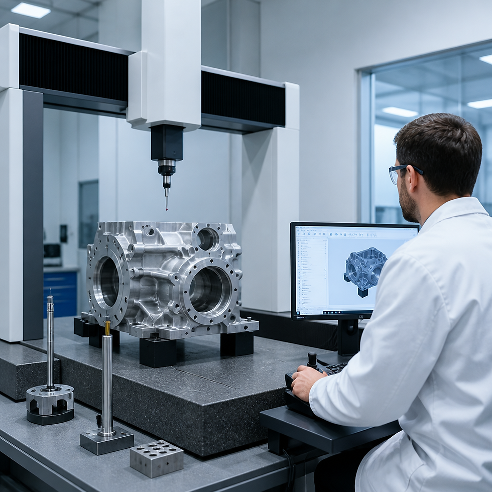 Inspector using a CMM to measure a large precision machined part on a granite surface plate.