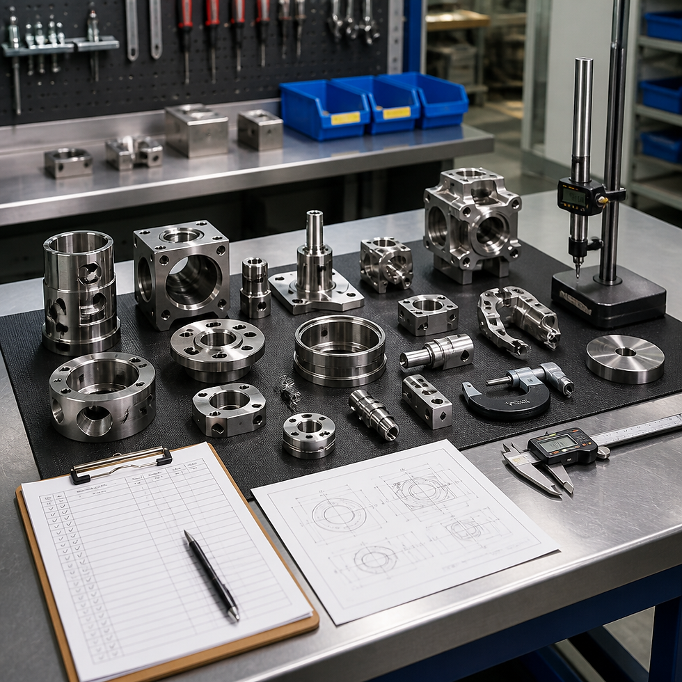 Finished precision machined components arranged on inspection workbench for quality evaluation