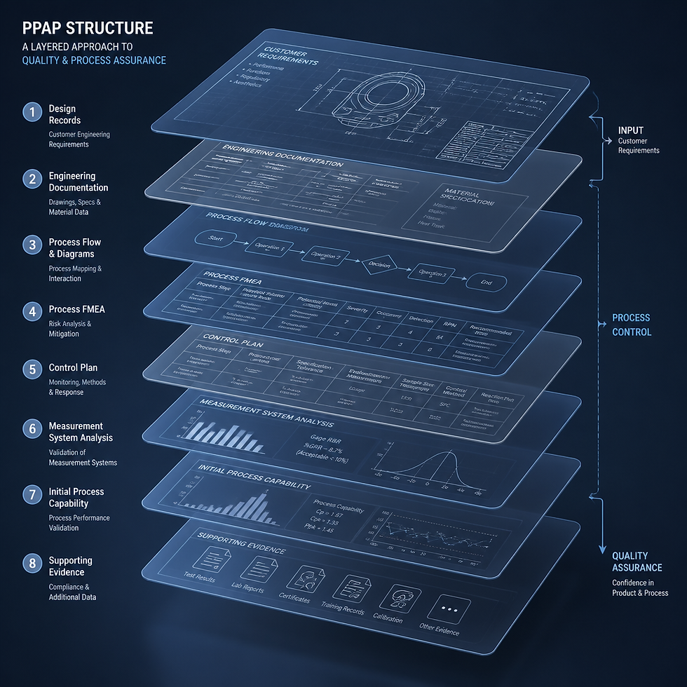 Abstract visualization of PPAP documentation layers and quality process structure