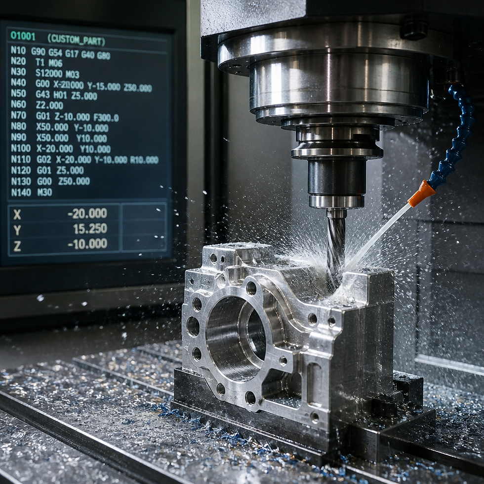 CNC milling machine machining a custom metal component with active cutting tool and coolant
