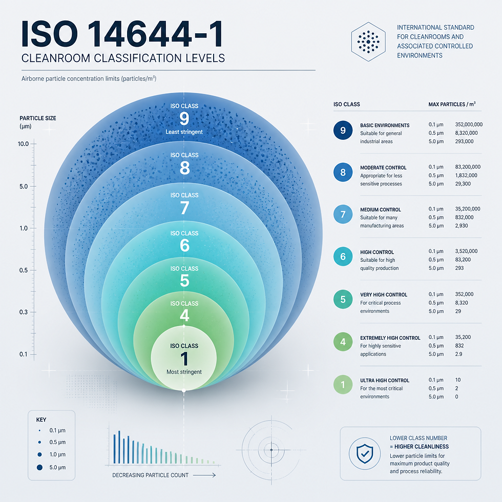 Abstract visualization of ISO cleanroom classifications and contamination control levels