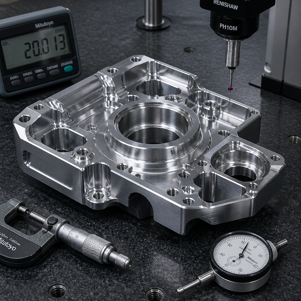Precision machined metal part with quality control inspection setup
