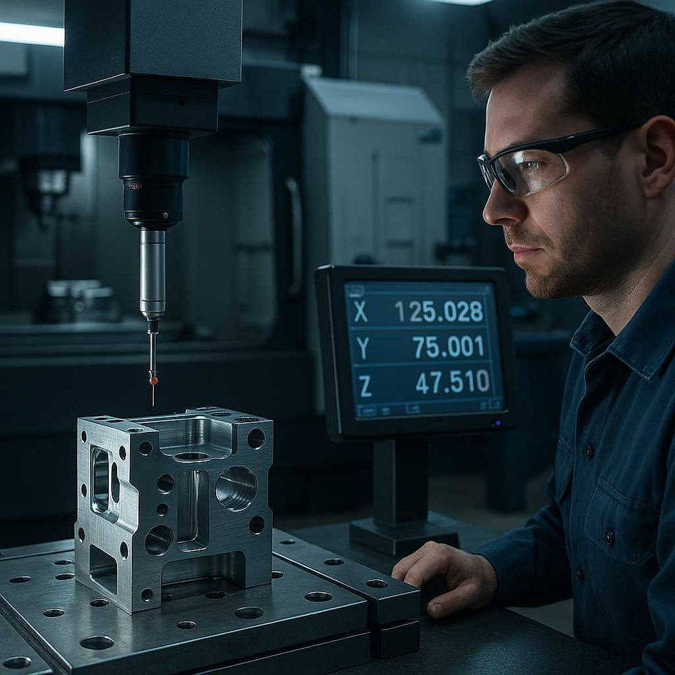 CMM inspection of precision-machined part at CNC machining station with operator reviewing tolerance measurements