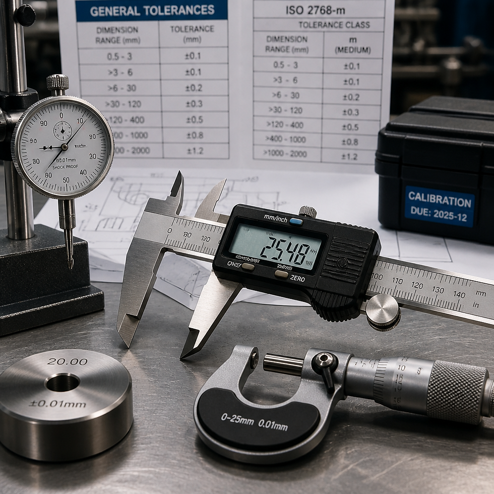 Precision measurement gauges and calipers on an industrial workbench with technical drawings