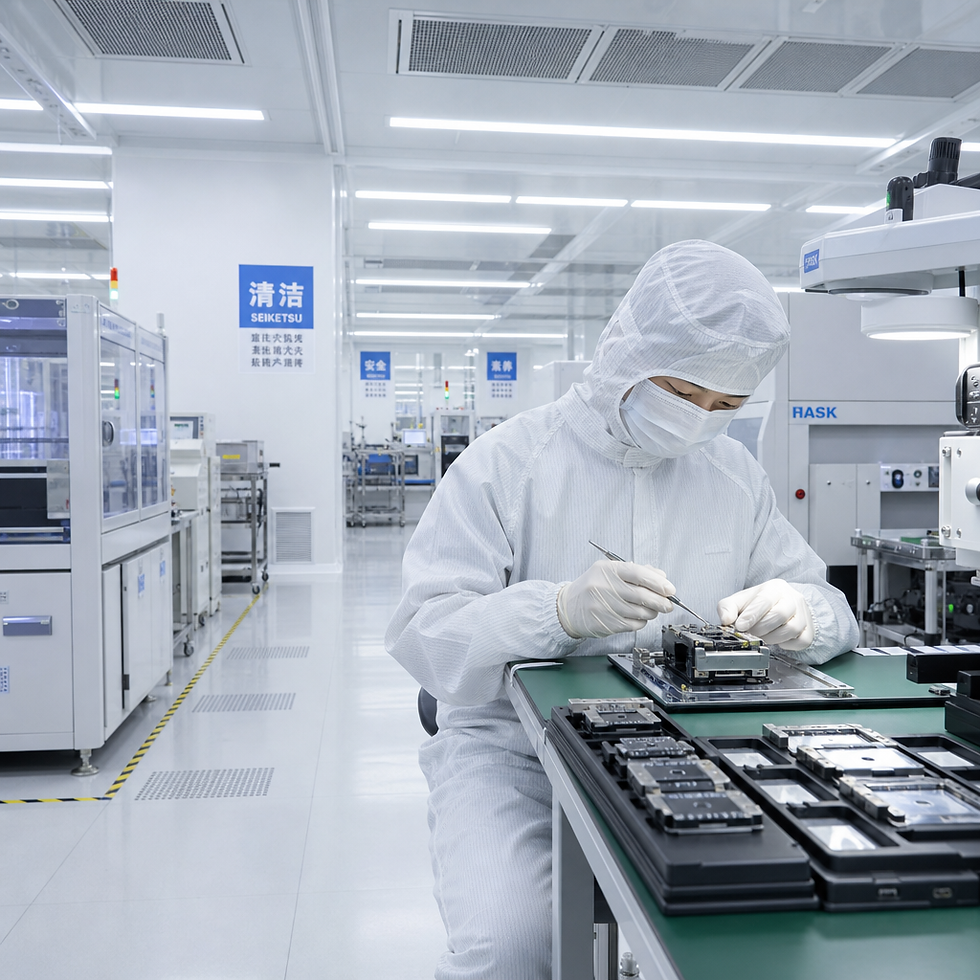 Technician in protective gear assembling precision components in a cleanroom environment with controlled lighting and filtration systems