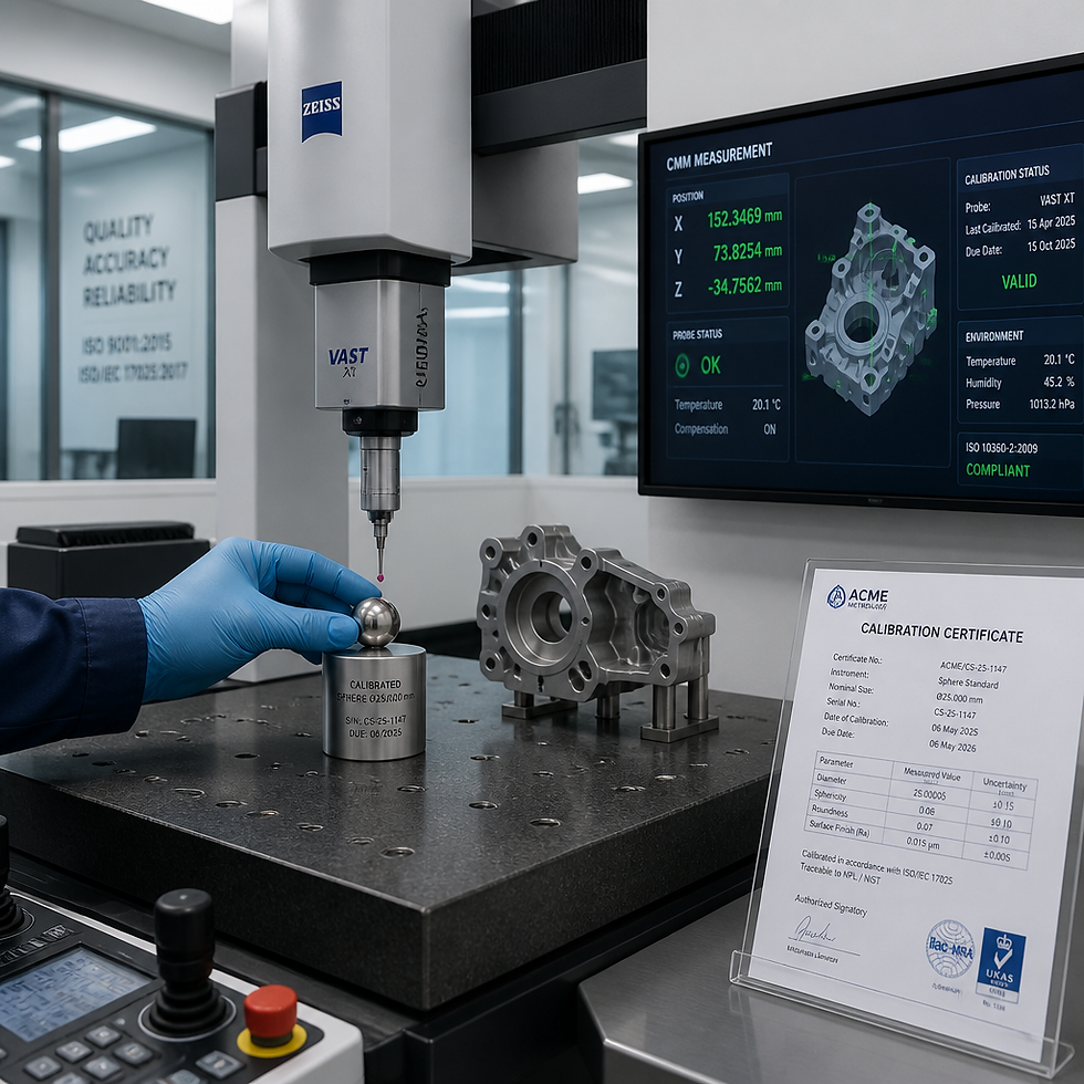 Coordinate Measuring Machine laboratory with precision calibration equipment and technical documentation