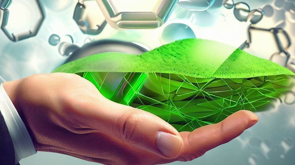 Hand mit futuristischen Materialen, die grün und nachhaltig sind.