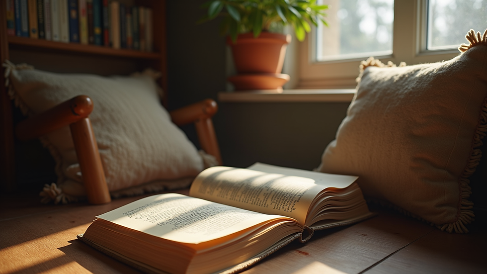 Eye-level view of a cozy reading nook with a stack of new books