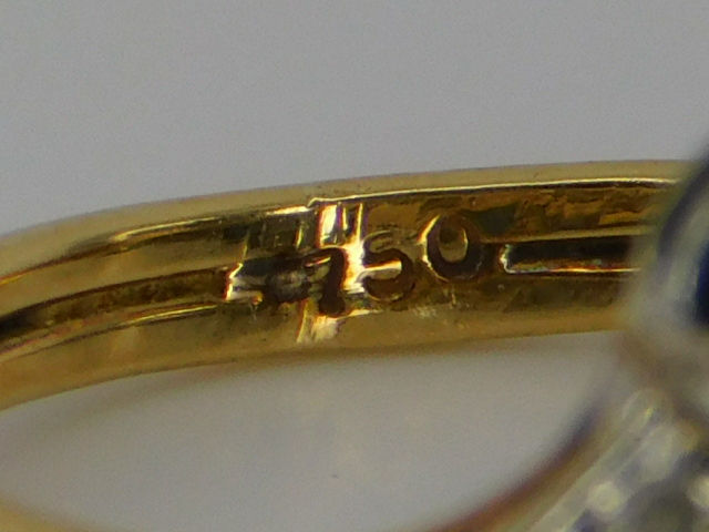 Thumbnail: Diamond and Sapphire Ring, 10 stones, Gold 18ct, Size M 1/2, Antique.