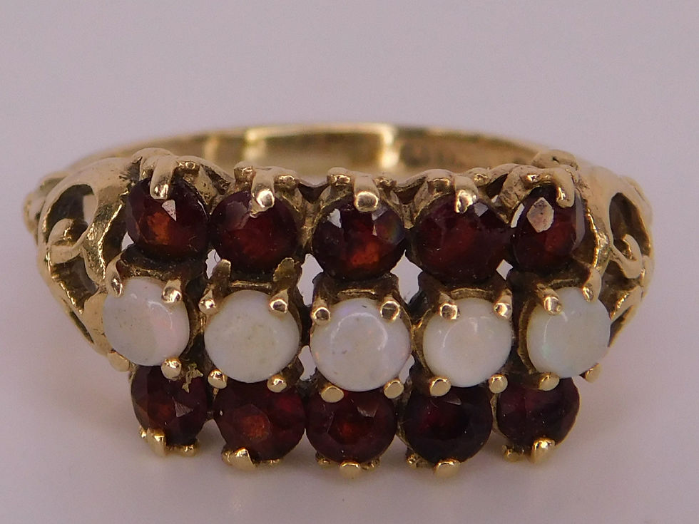 Thumbnail: Opal and Garnet Ring, 15 stones, Gold 9ct, Size L 1/2, Antique.