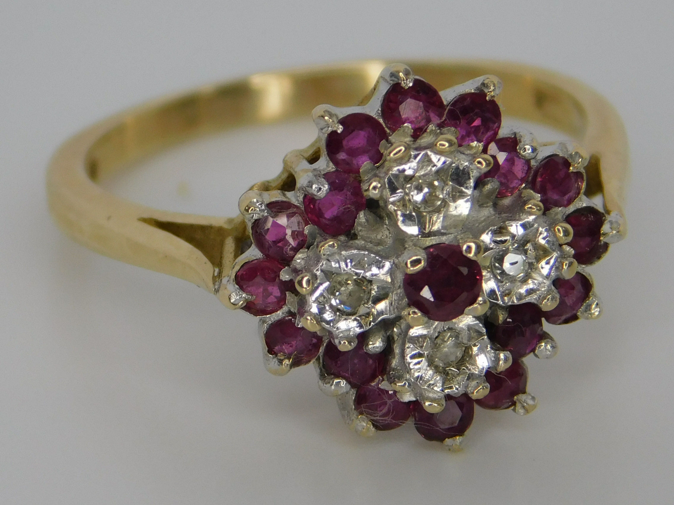 Ruby and Diamond Ring, Cluster, Gold 9ct, Size O, Antique.