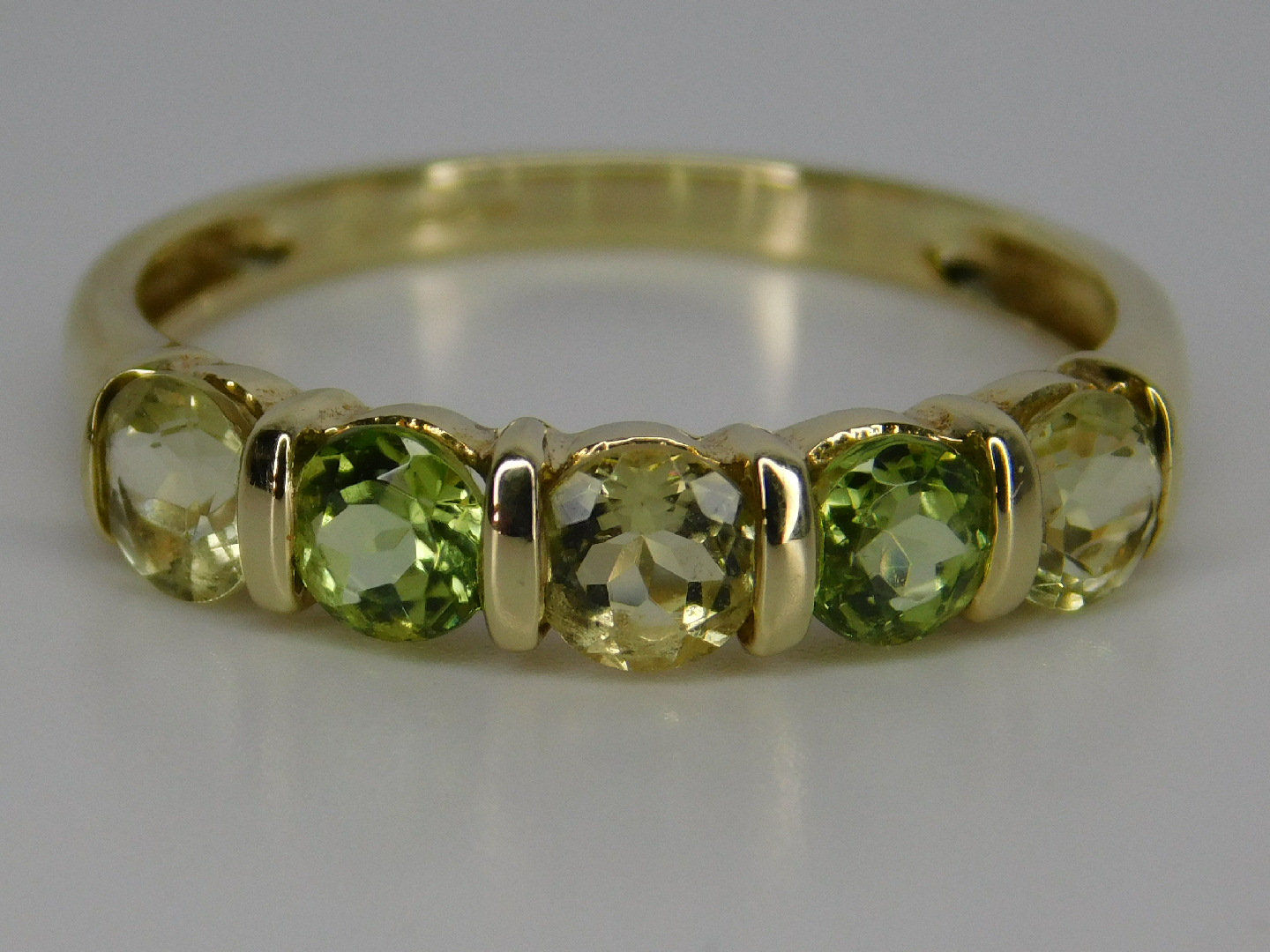 Peridot Ring, 5 stones, Gold 9ct, Size P 1/2, Preloved Gold.