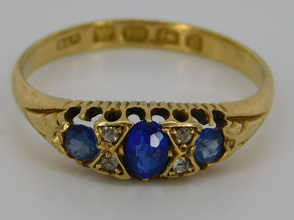Sapphire and Diamond Ring, 7 stones, Gold 9ct, Size R, Antique.