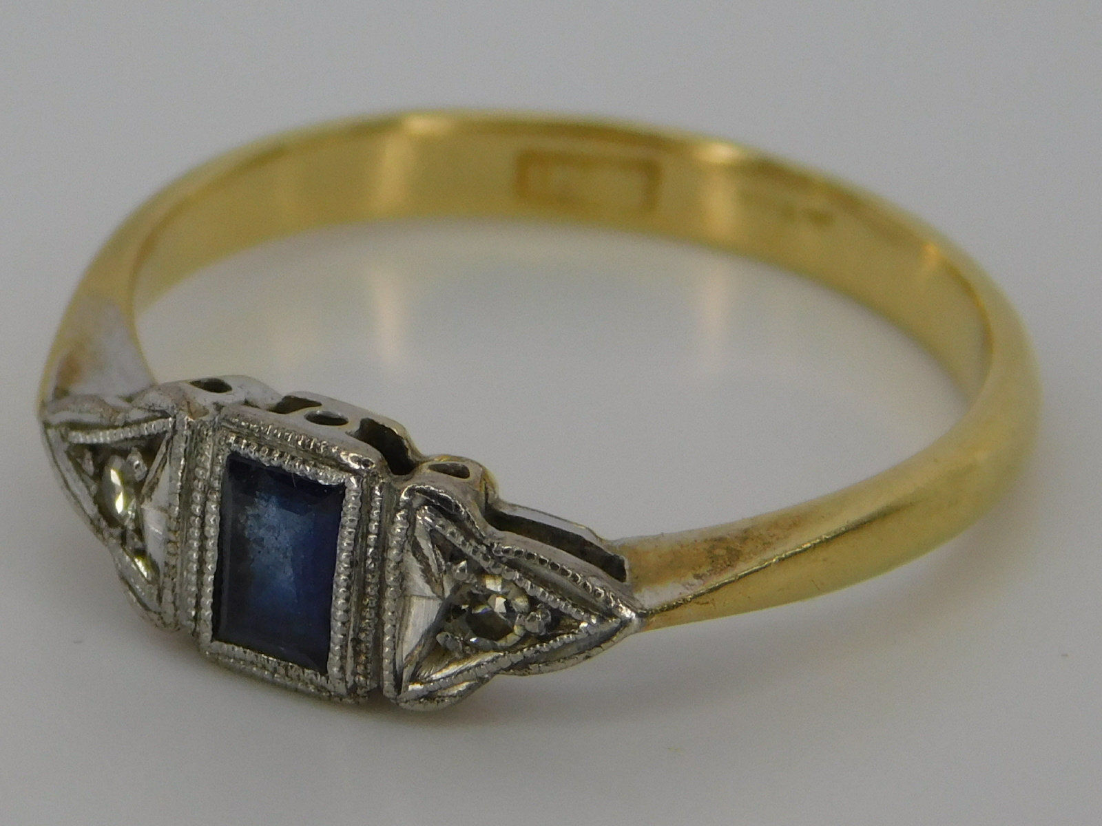 Sapphire and Diamond Ring, 3 stones, Gold 18ct, Size L 1/2, Antique.