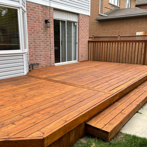 Pressure wash the deck and fence and thoroughly sanded the deck. Stained the deck with a alkyd-acrylic hybrid natural semi-trasparent stain and the fence with an acrylic solid stain.