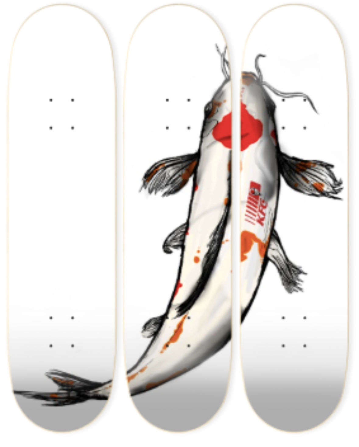 Planche de skateboard avec illustration KOI, Triptyque Board KOI KFC, F T W Art Board.