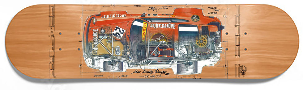 Board PORSCHE 930 TURBO JAGERMEISTER, Jägermeister racing car on a track, with details.