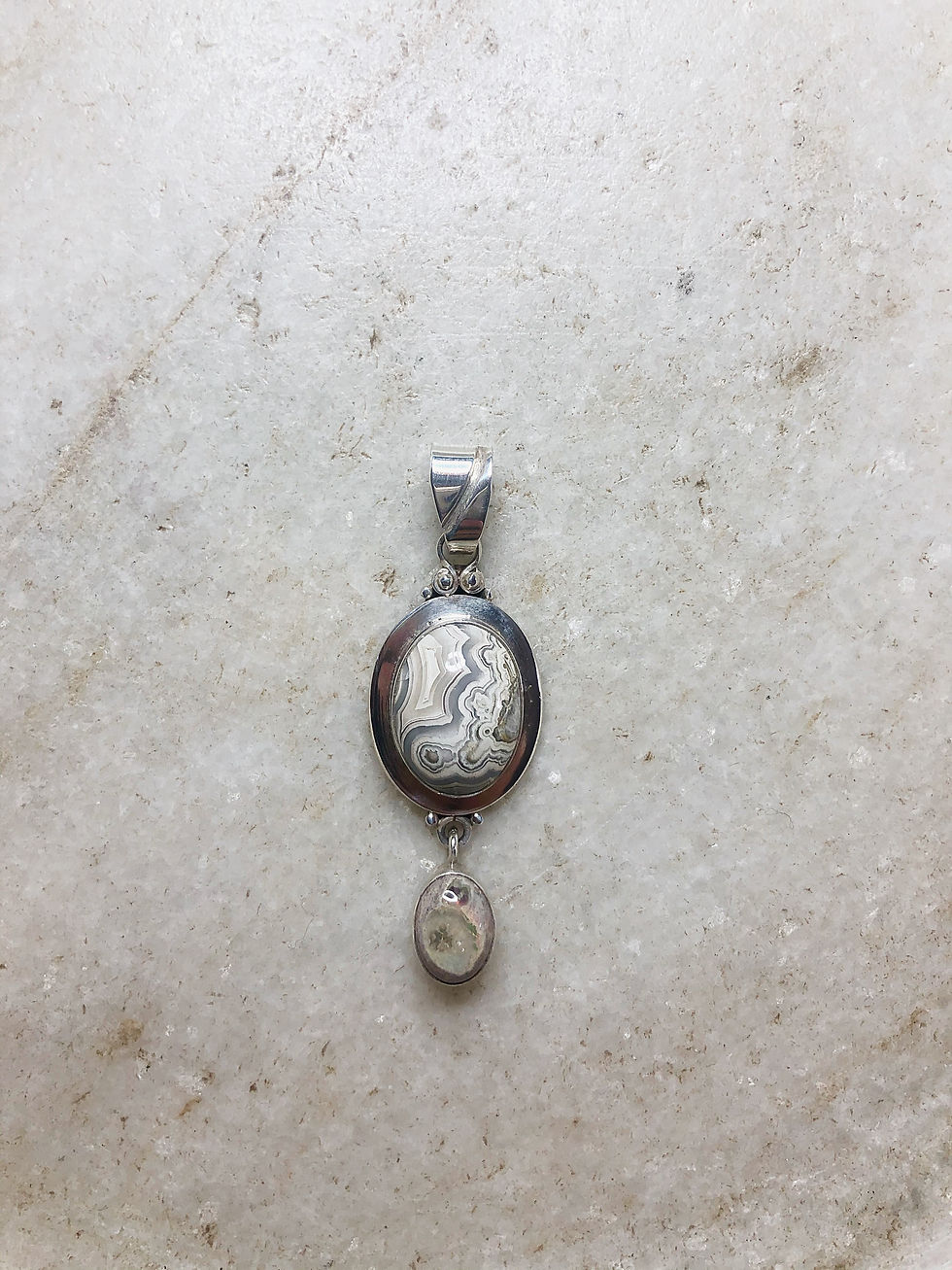 Thumbnail: Lace agate with fire opal silver pendant