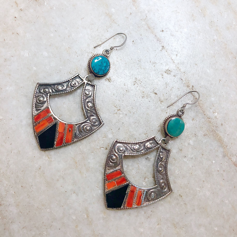 Tribal silver earrings with coral, onyx, and turquoise
