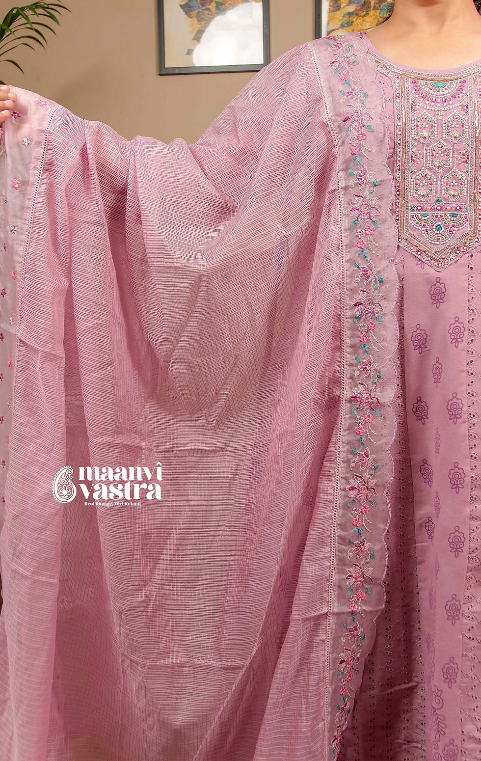 Thumbnail: Light Lavender pink Anarkali Style Cotton Suit set