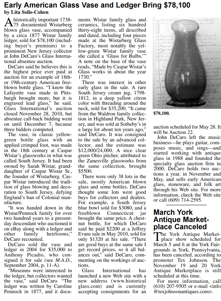Early American Glass Vase and Ledger Bring $78,100