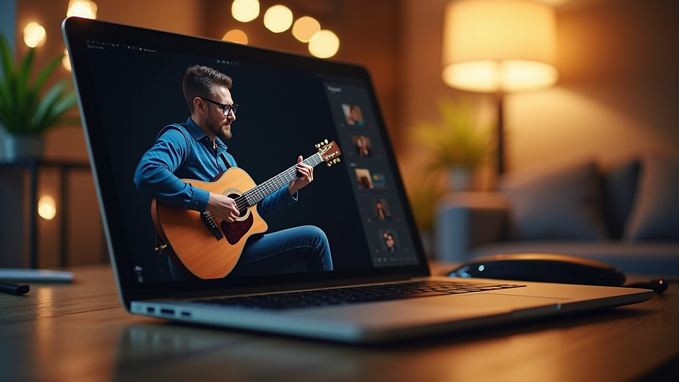 Eye-level view of a laptop screen showing an online music lesson with a guitar instructor