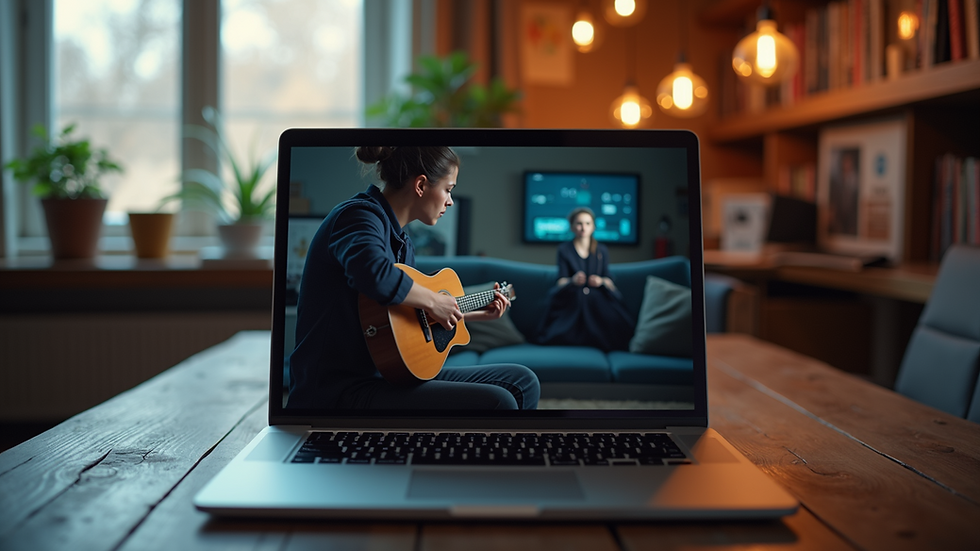Eye-level view of a laptop displaying an online music lesson